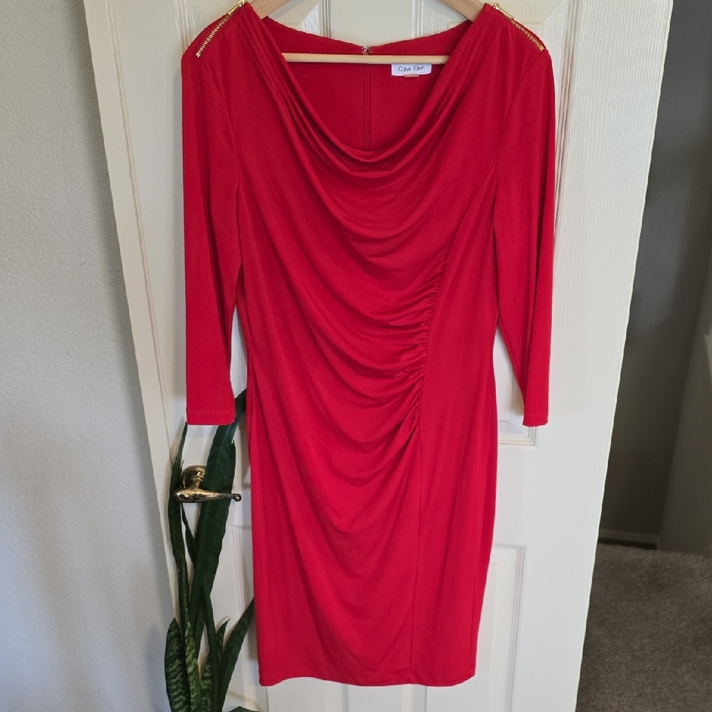 Calvin Klein Collection Red Draped Long Sleeve Dress
